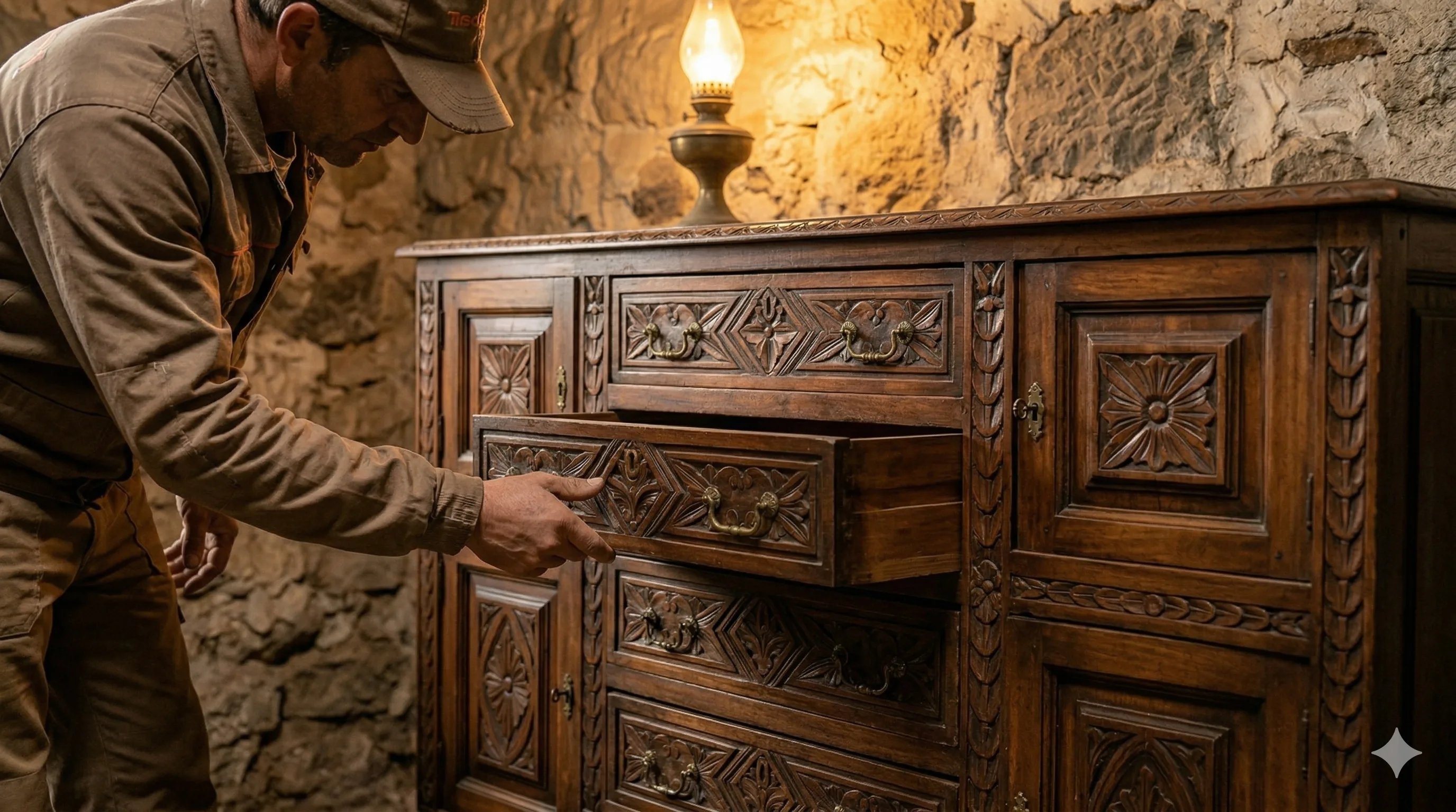 Trabajador de Sosa evaluando muebles antiguos de madera durante compra y vaciado de piso en Gáldar