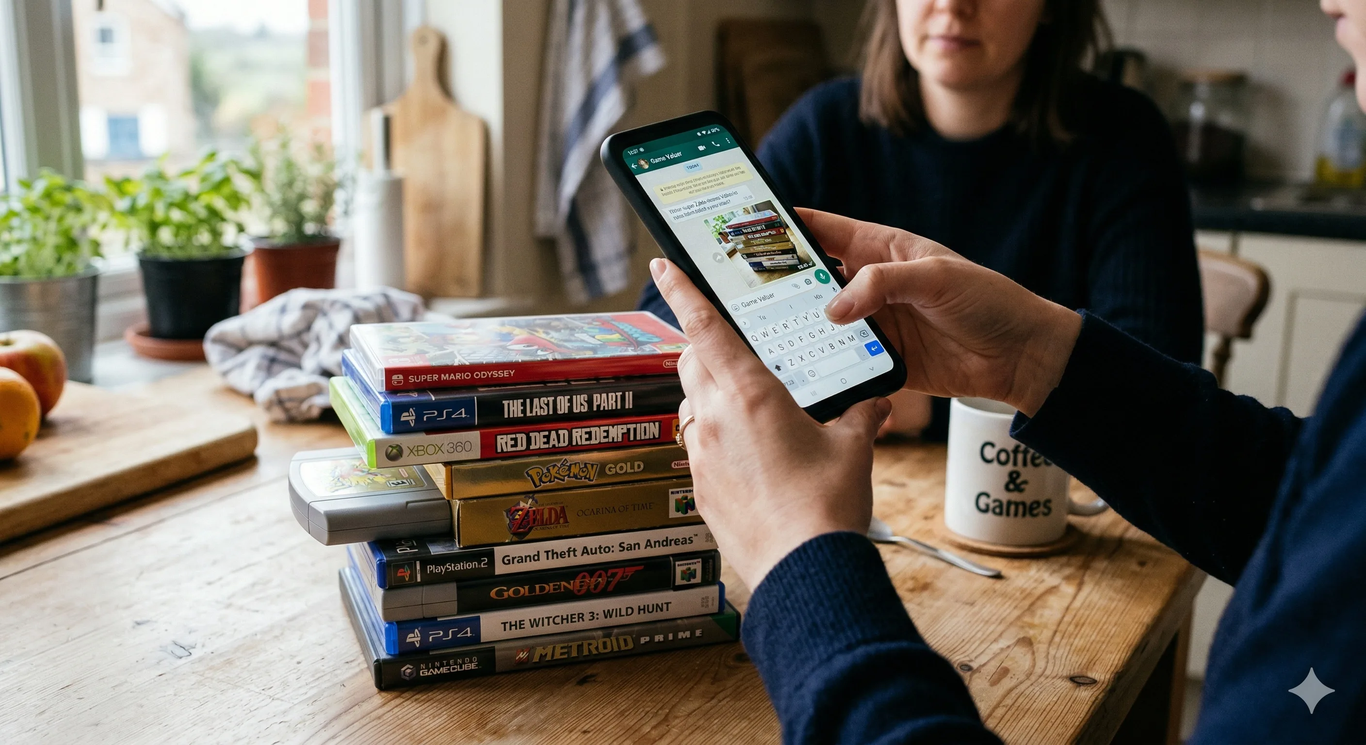 Cliente fotografiando videojuegos con smartphone para tasación y venta de videojuegos usados en Gran Canaria