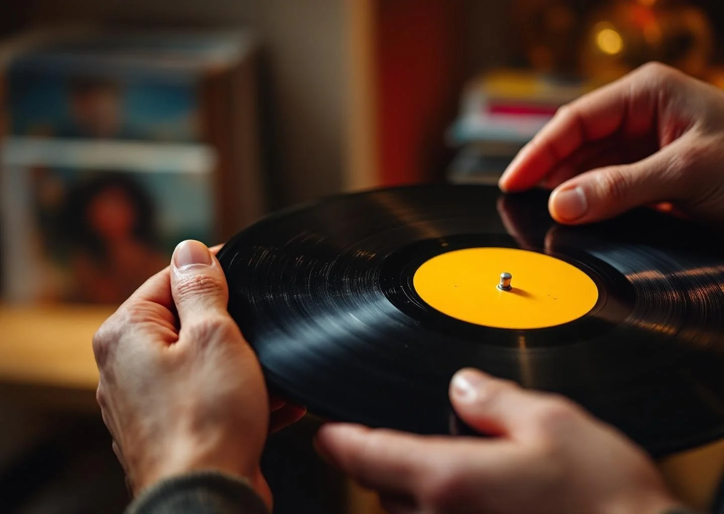 Manos examinando disco de vinilo clásico a contraluz para verificar estado, compra de vinilos usados en Gran Canaria