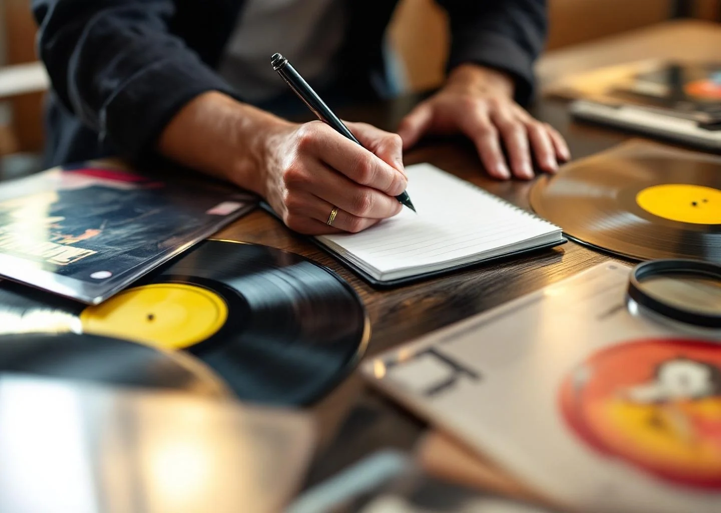 Tasación profesional de discos de vinilo usados sobre mesa con bloc de notas y lupa en Gran Canaria