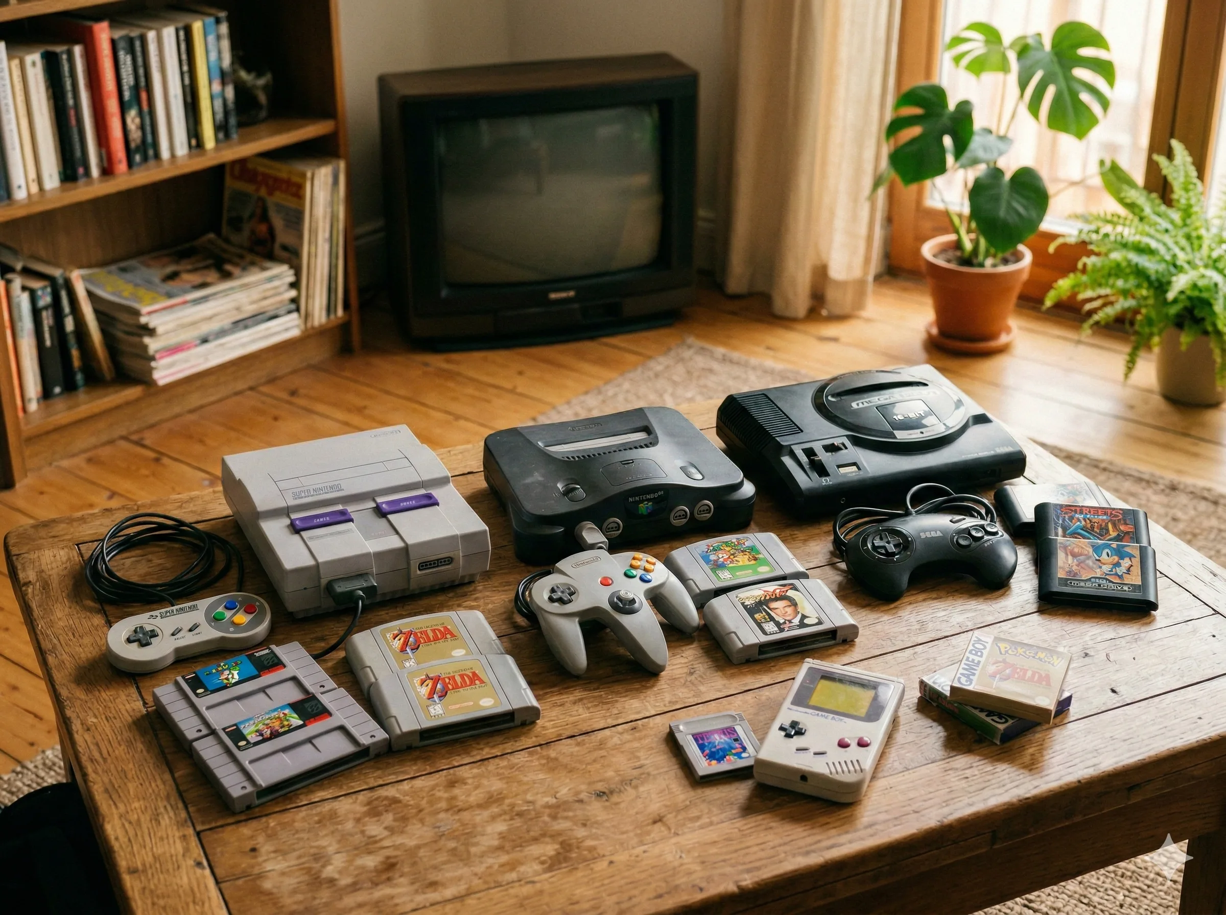Colección de consolas retro — Super Nintendo, Nintendo 64, Sega Mega Drive y Game Boy sobre mesa de madera