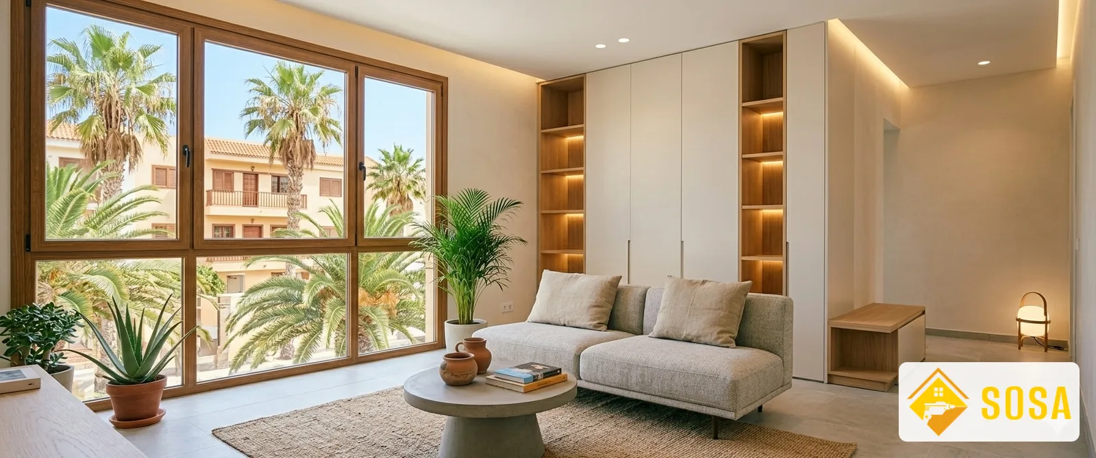 Salón renovado con muebles a medida y decoración moderna en Gran Canaria