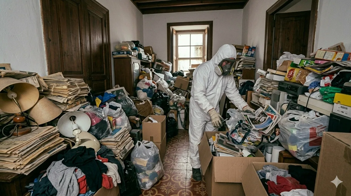 Equipo con protección realizando limpieza profesional por síndrome de Diógenes en vivienda de Arucas
