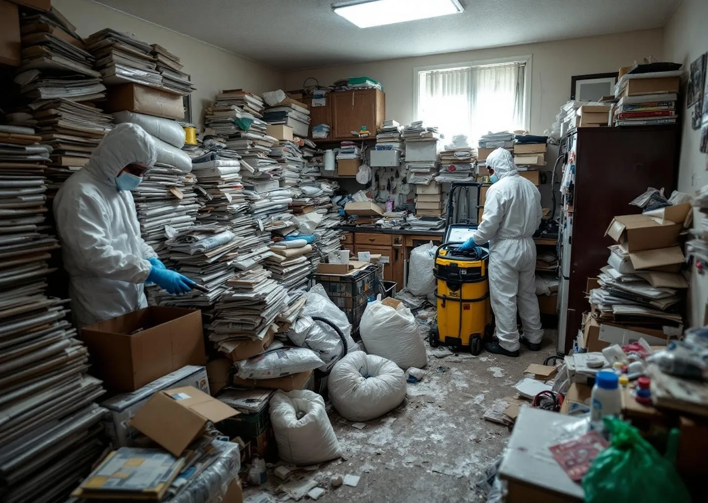 Equipo con protección realizando limpieza profesional por síndrome de Diógenes en vivienda de Mogán