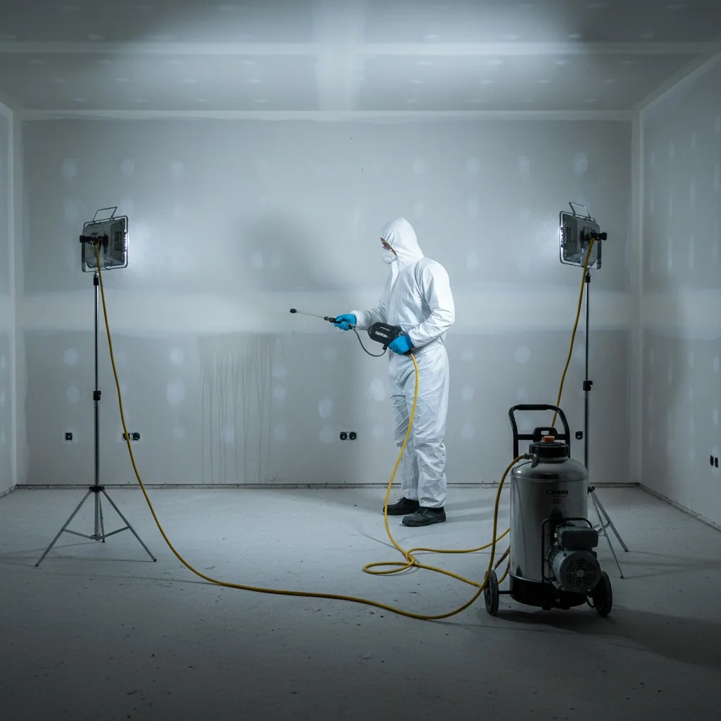 Profesional con equipo de protección realizando limpieza y desinfección de vivienda