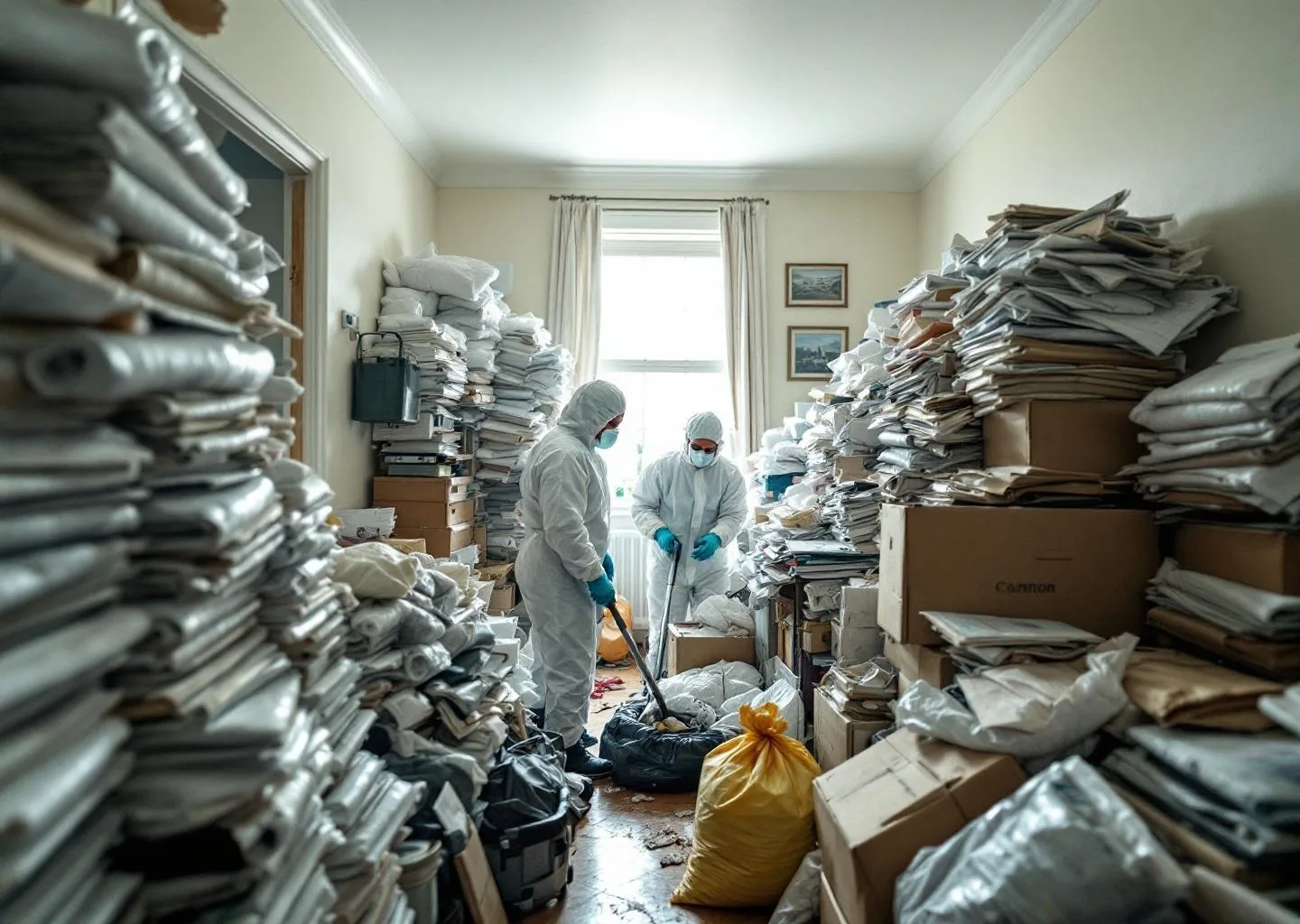 Equipo profesional con protección realizando limpieza por síndrome de Diógenes en vivienda de Santa Brígida