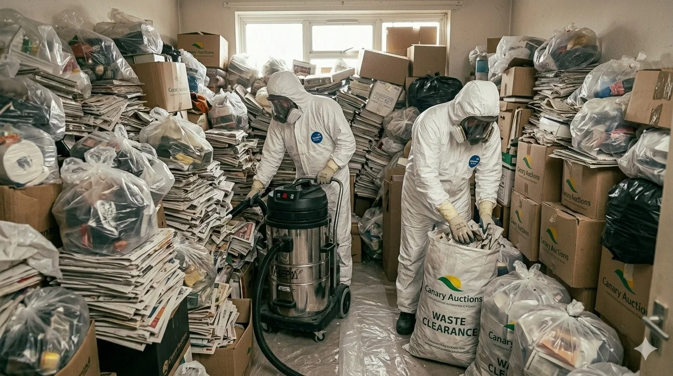 Equipo con protección realizando limpieza profesional por síndrome de Diógenes en vivienda de Telde