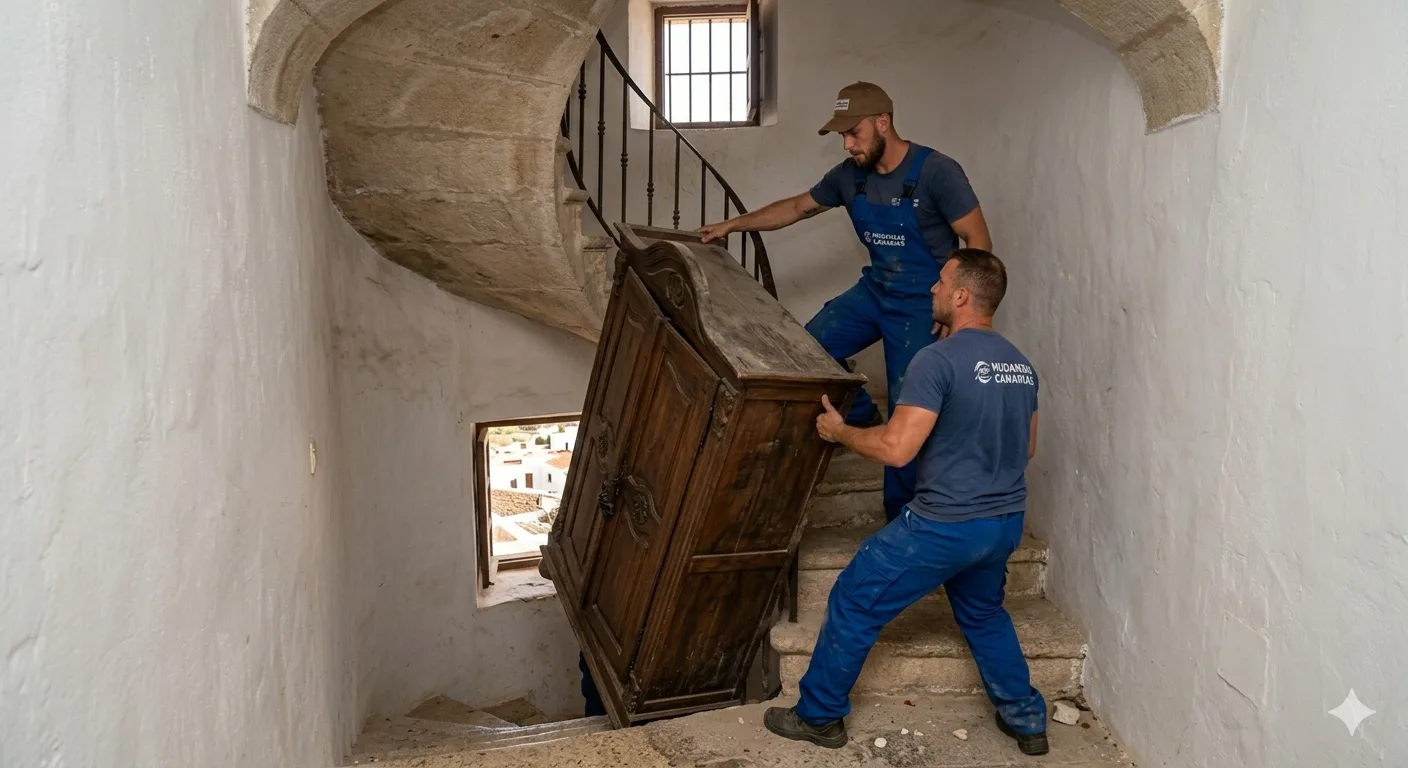 Equipo de Sosa retirando muebles pesados por escalera estrecha durante recogida de enseres en Gáldar