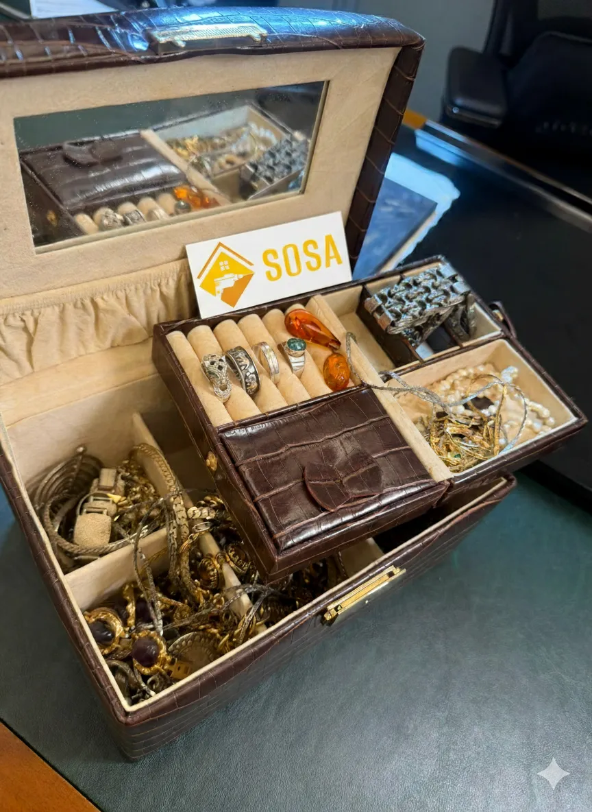Joyero con anillos, pulseras y collares tasados durante un vaciado de pisos en Maspalomas — Sosa Reformas y Vaciados de Pisos